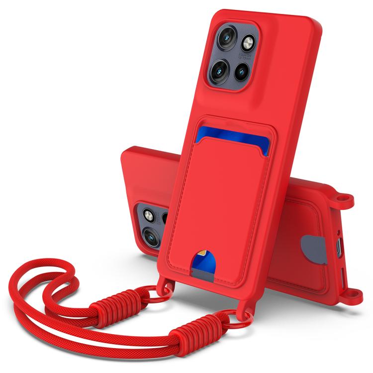 

For Motorola Edge 50 Neo / 60 Neo Integrated Card Bag Solid Color Liquid Silicone Phone Case Gen2 with Short Lanyard(Red)