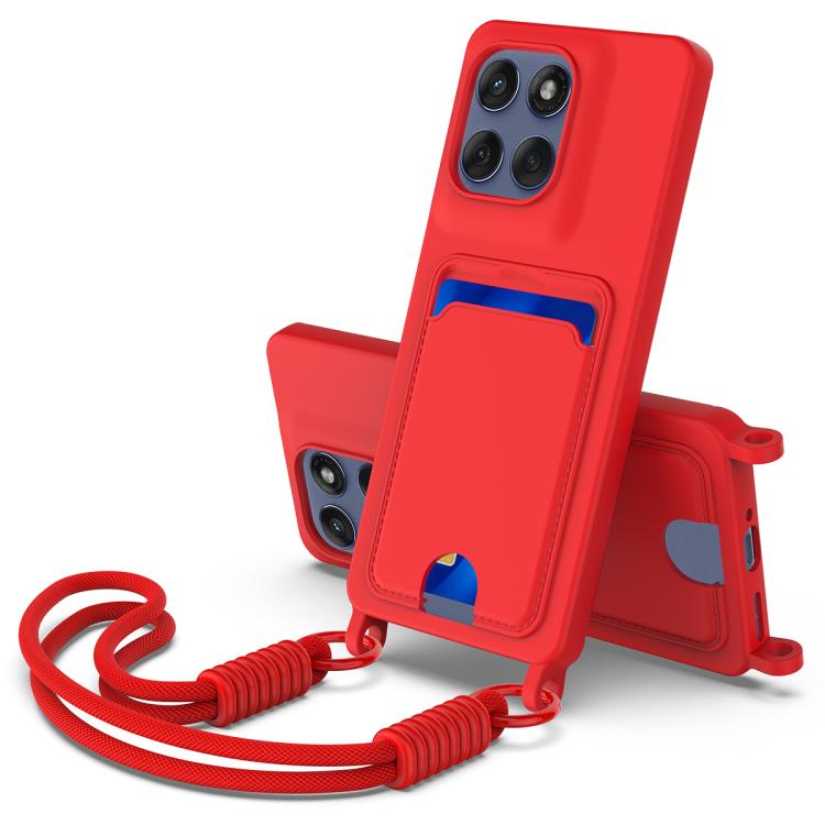 

For Motorola Edge 60 / 60 Fusion Integrated Card Bag Solid Color Liquid Silicone Phone Case Gen2 with Short Lanyard(Red)
