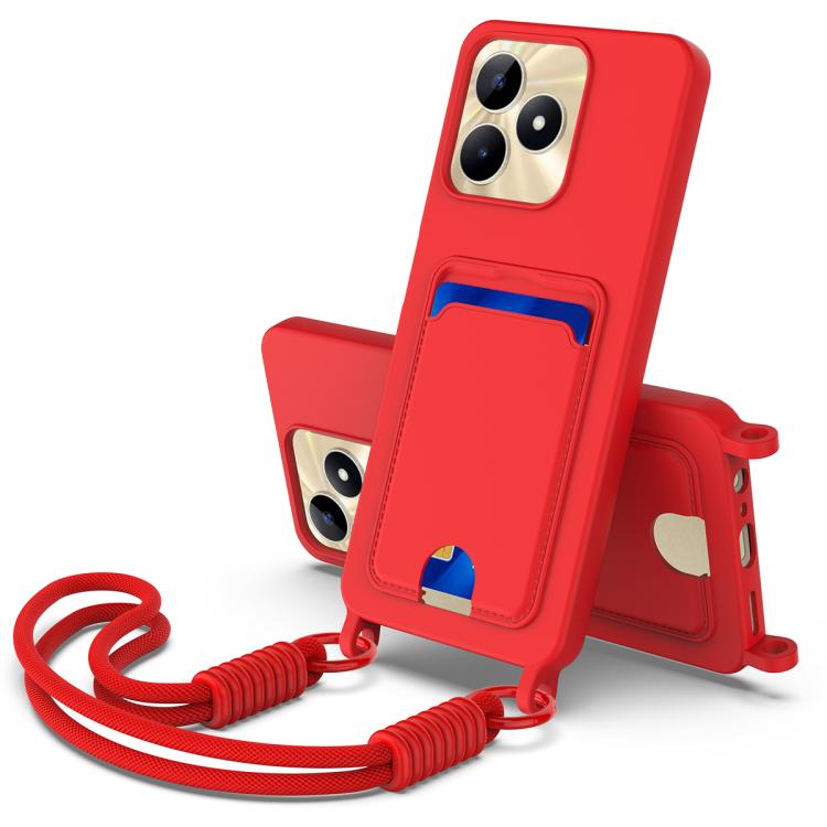

For Realme Narzo N53 / Note 50 4G Integrated Card Bag Solid Color Liquid Silicone Phone Case Gen2 with Short Lanyard(Red)