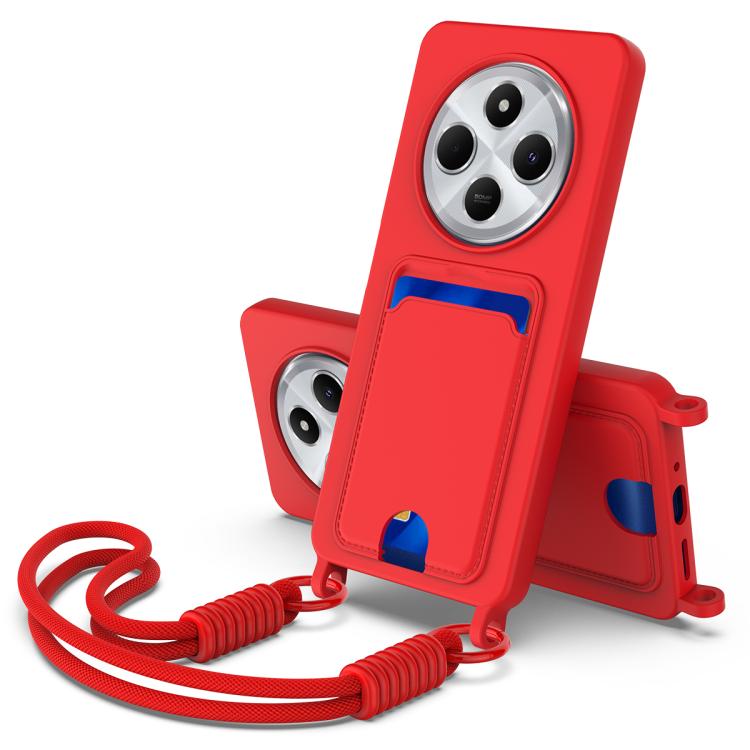 

For Redmi 14C 4G / 14R 5G / A4 5G Integrated Card Bag Solid Color Liquid Silicone Phone Case Gen2 with Short Lanyard(Red)