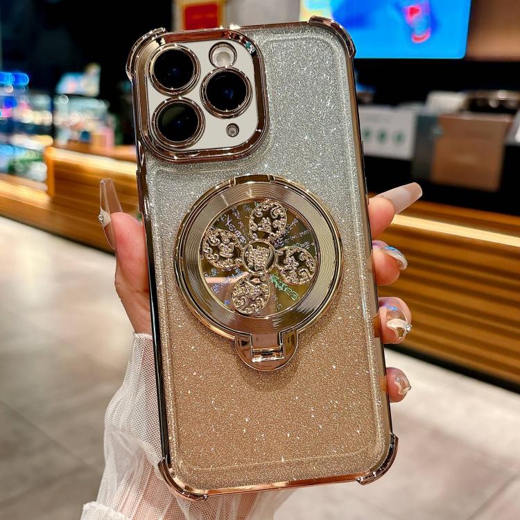 

For iPhone 11 Pro Max Gradient Glitter Spinning Top Holder Phone Case(Desert Gold)
