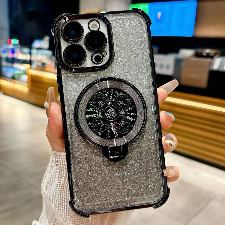 

For iPhone 13 Pro Gradient Glitter Spinning Top Holder Phone Case(Black)
