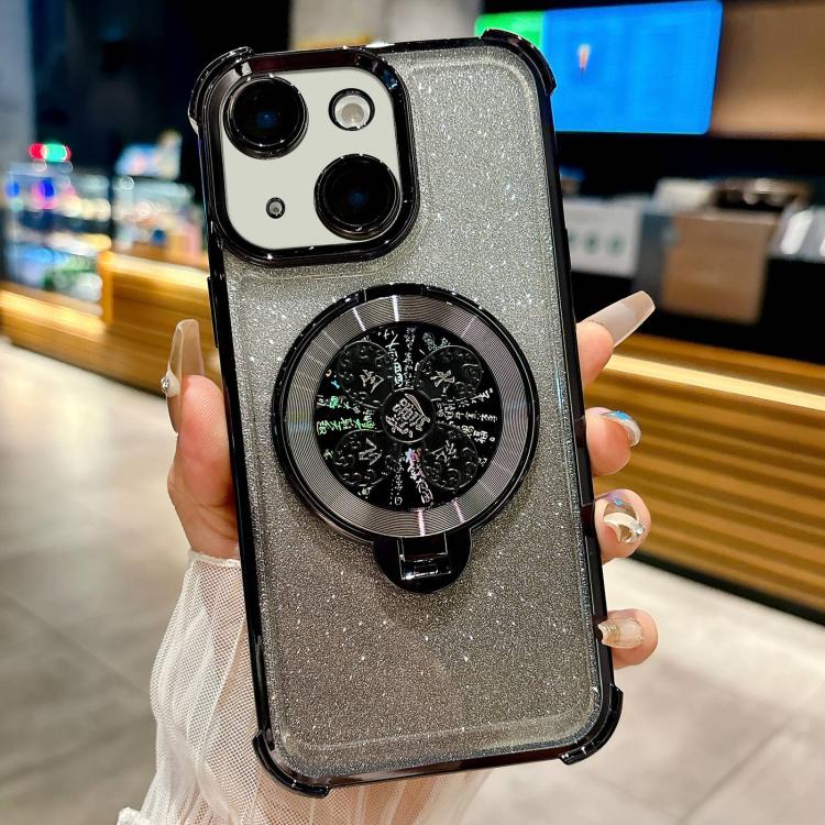 

For iPhone 14 Gradient Glitter Spinning Top Holder Phone Case(Black)