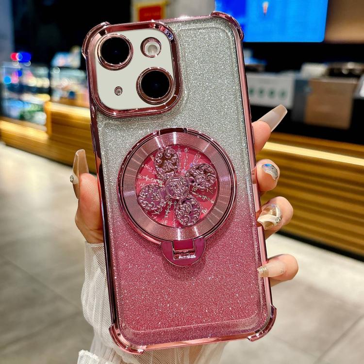 

For iPhone 14 Plus Gradient Glitter Spinning Top Holder Phone Case(Pink)