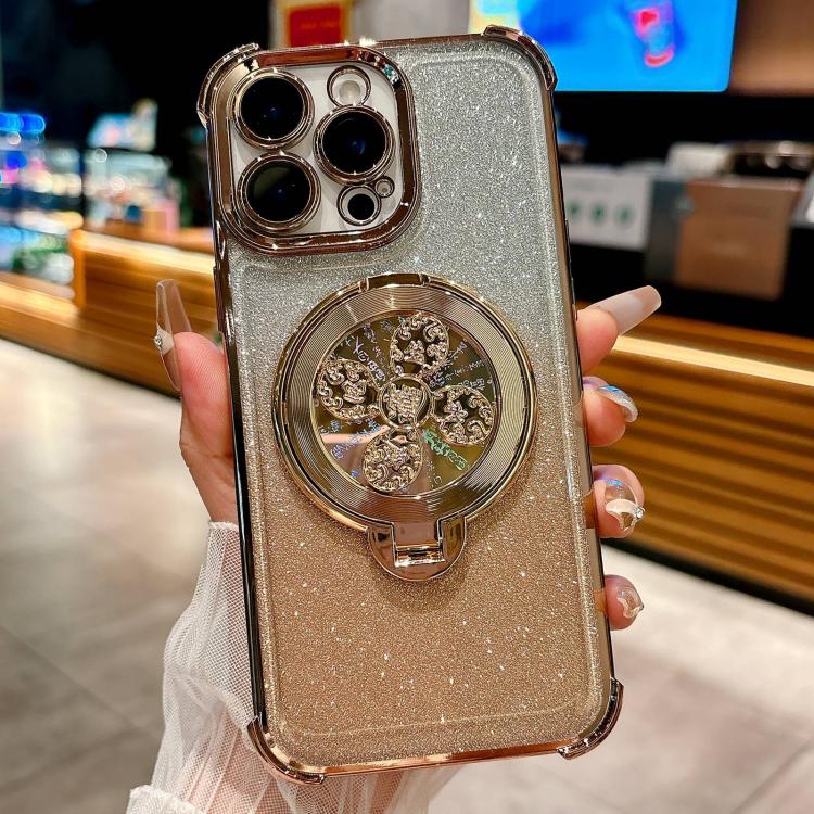 

For iPhone 14 Pro Gradient Glitter Spinning Top Holder Phone Case(Desert Gold)