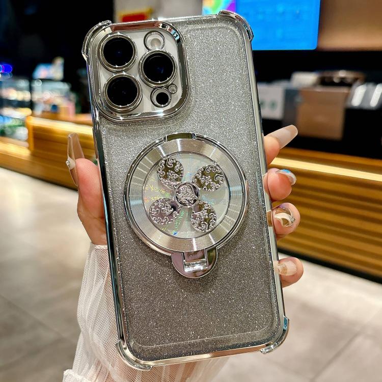 

For iPhone 14 Pro Max Gradient Glitter Spinning Top Holder Phone Case(Silver)