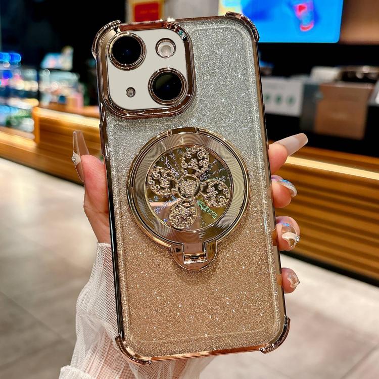 

For iPhone 15 Gradient Glitter Spinning Top Holder Phone Case(Desert Gold)