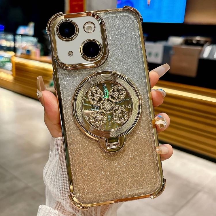 

For iPhone 15 Plus Gradient Glitter Spinning Top Holder Phone Case(Gold)