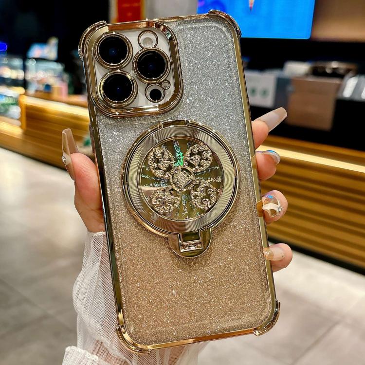 

For iPhone 15 Pro Max Gradient Glitter Spinning Top Holder Phone Case(Gold)