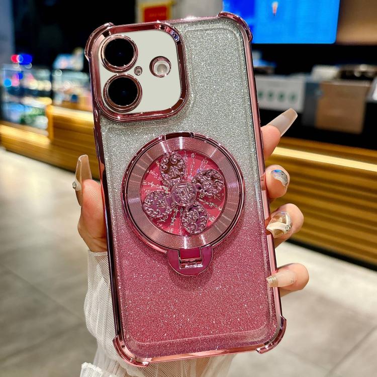 

For iPhone 16 Gradient Glitter Spinning Top Holder Phone Case(Pink)