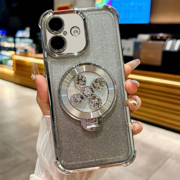 

For iPhone 16 Gradient Glitter Spinning Top Holder Phone Case(Silver)
