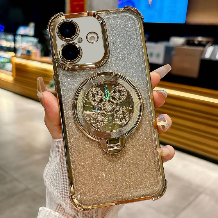 

For iPhone 16 Plus Gradient Glitter Spinning Top Holder Phone Case(Gold)