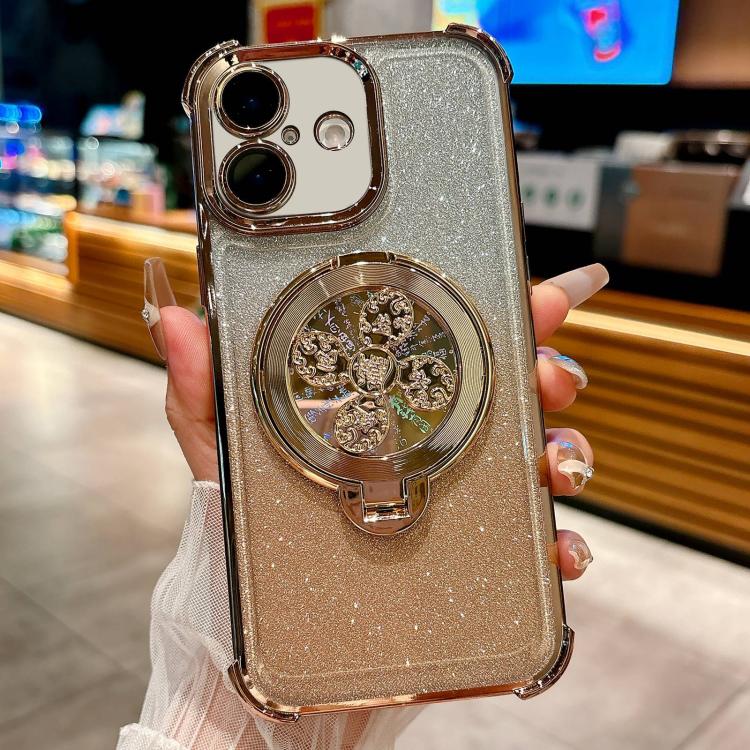 

For iPhone 16 Plus Gradient Glitter Spinning Top Holder Phone Case(Desert Gold)