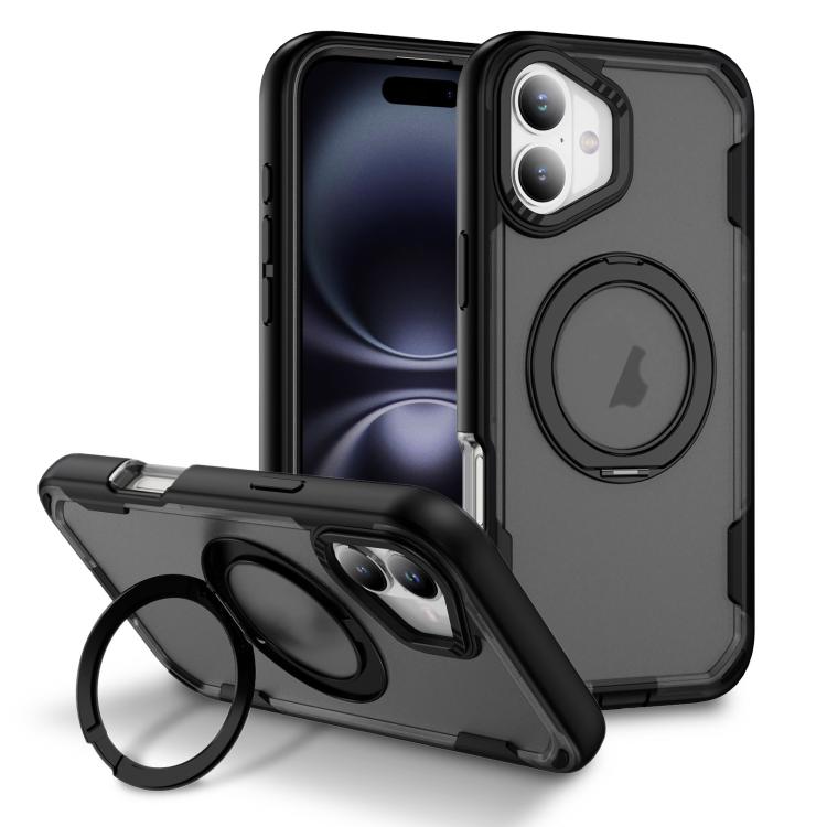 

For iPhone 16 Defend Rugged Gear Holder MagSafe Phone Case(Black + Transparent Grey)