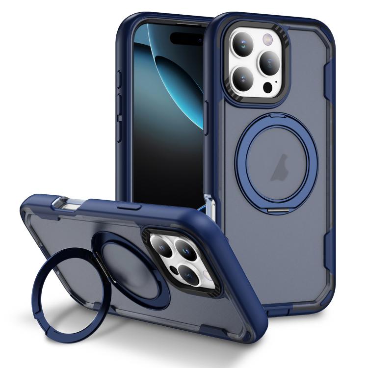 

For iPhone 16 Pro Defend Rugged Gear Holder MagSafe Phone Case(Blue + Transparent Blue)