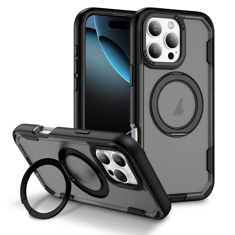 

For iPhone 16 Pro Max Defend Rugged Gear Holder MagSafe Phone Case(Black + Transparent Grey)