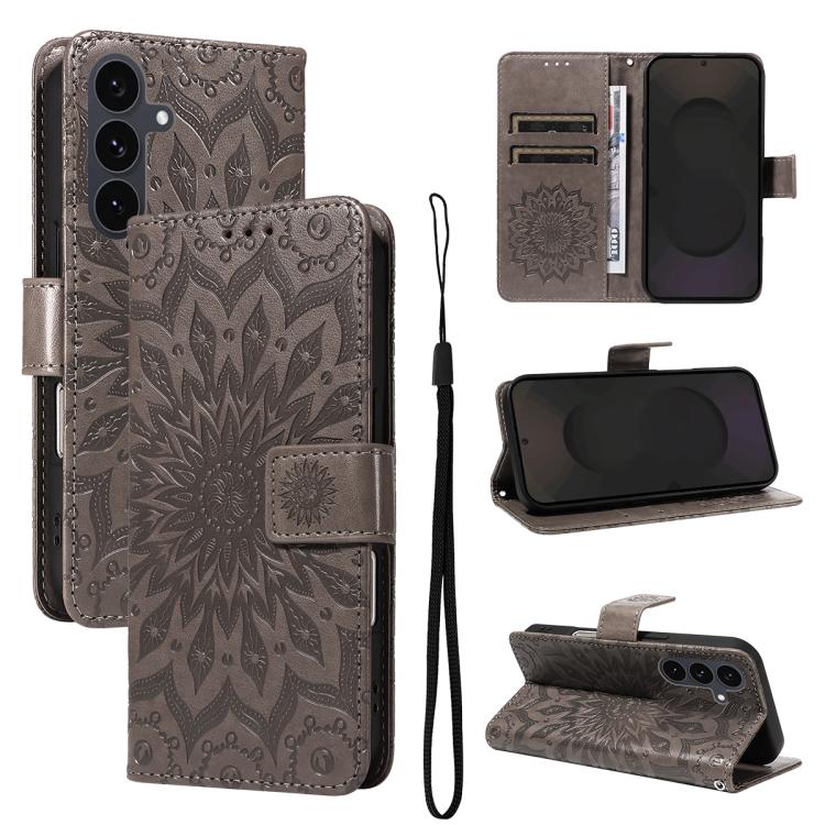 

For Samsung Galaxy S25 FE 5G Embossed Sunflower Pattern Flip Leather Phone Case(Grey)