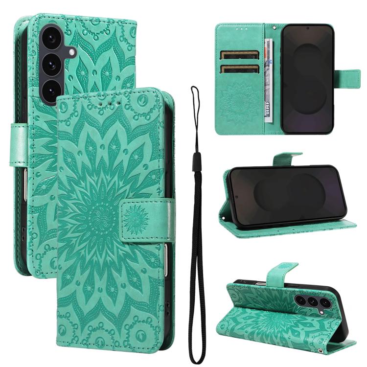 

For Samsung Galaxy S25 FE 5G Embossed Sunflower Pattern Flip Leather Phone Case(Green)