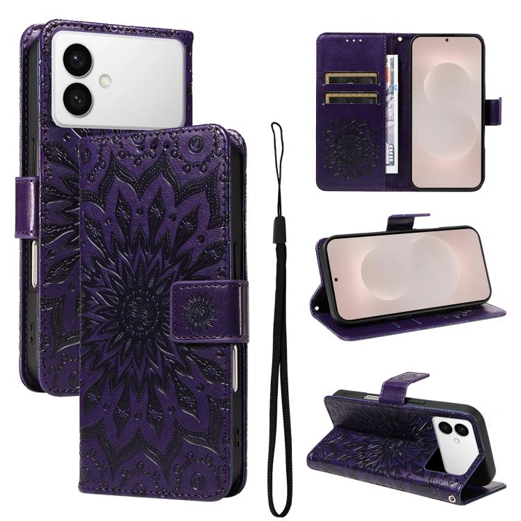 

For Samsung Galaxy S26 Edge 5G6B Embossed Sunflower Pattern Flip Leather Phone Case(Purple)
