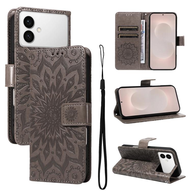 

For Samsung Galaxy S26 Edge 5G Embossed Sunflower Pattern Flip Leather Phone Case(Grey)