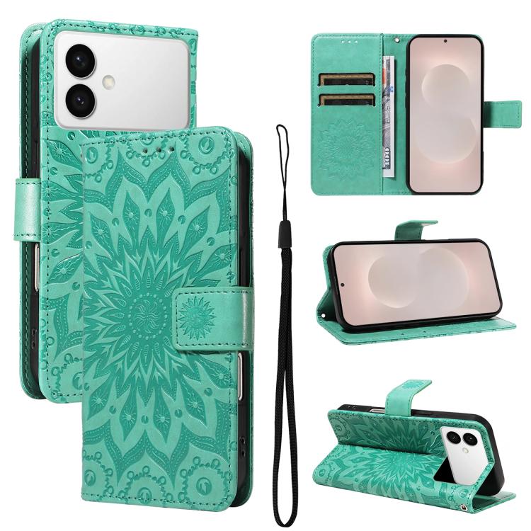 

For Samsung Galaxy S26 Edge 5G Embossed Sunflower Pattern Flip Leather Phone Case(Green)