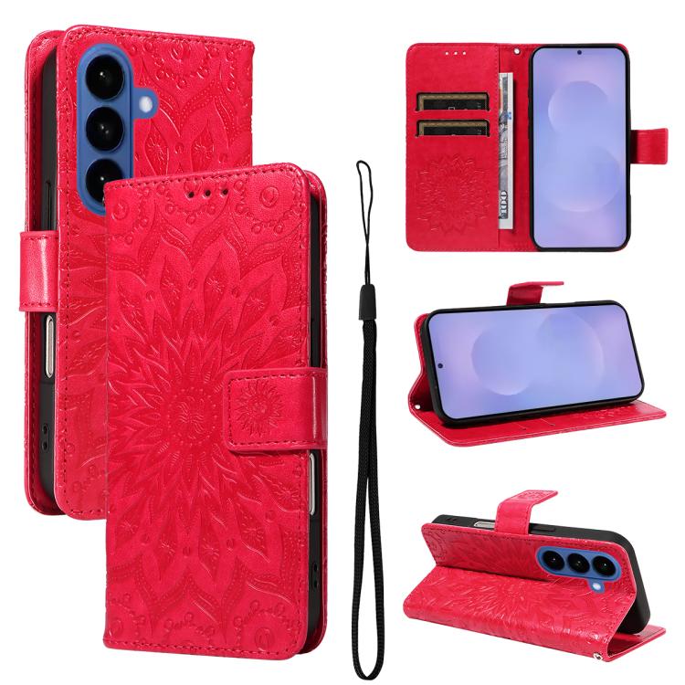 

For Samsung Galaxy S26 5GB Embossed Sunflower Pattern Flip Leather Phone Case(Red)