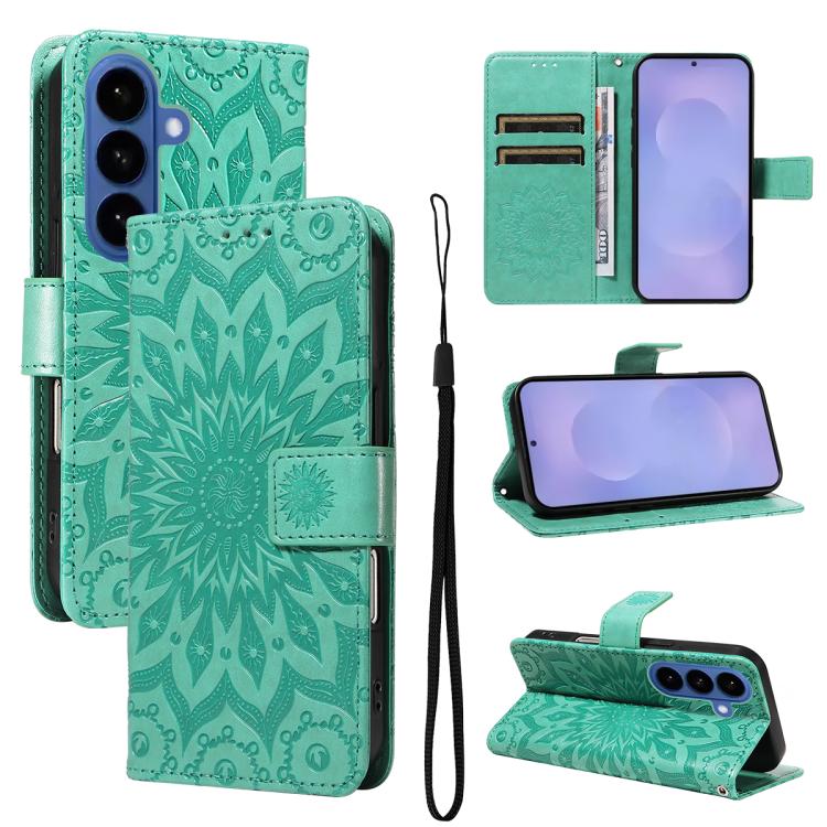 

For Samsung Galaxy S26 5GB Embossed Sunflower Pattern Flip Leather Phone Case(Green)