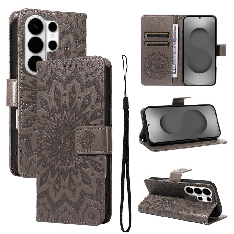 

For Samsung Galaxy S26 Ultra 5G Embossed Sunflower Pattern Flip Leather Phone Case(Grey)