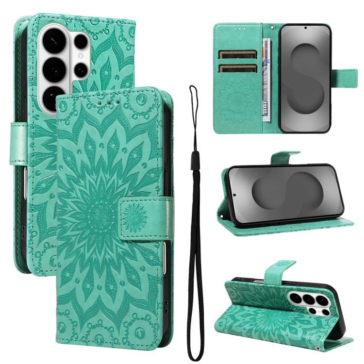 

For Samsung Galaxy S26 Ultra 5G Embossed Sunflower Pattern Flip Leather Phone Case(Green)