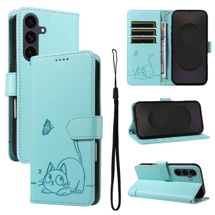 

For Samsung Galaxy S25 FE 5G Adorable Cat Embossed Pattern Flip Leather Phone Case(Green)
