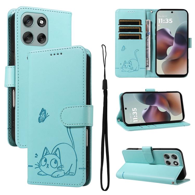 

For Motorola Moto G56 5G Adorable Cat Embossed Pattern Flip Leather Phone Case(Green)