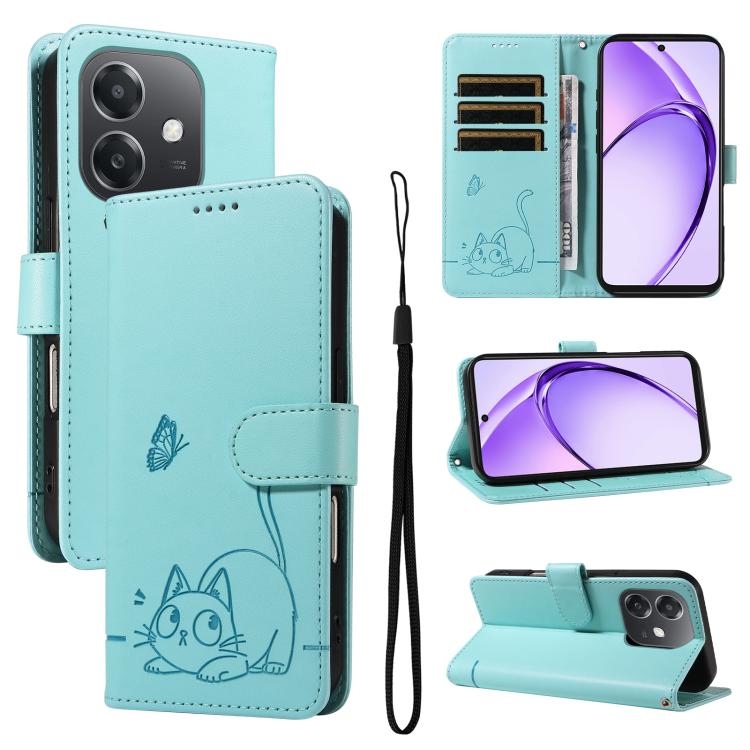 

For OPPO A5x 5G Global Adorable Cat Embossed Pattern Flip Leather Phone Case(Green)