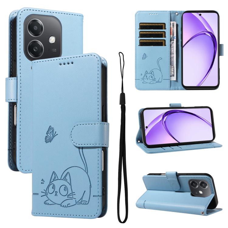 

For OPPO A5x 5G Global Adorable Cat Embossed Pattern Flip Leather Phone Case(Sky Blue)