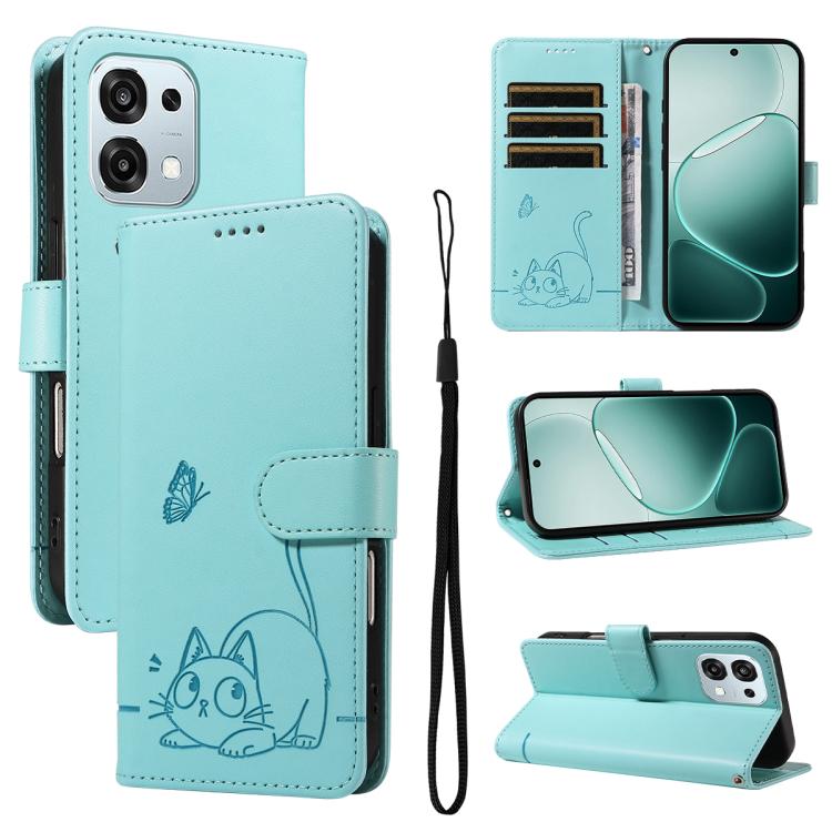 

For OPPO A6 Pro 4G / 5G Global Adorable Cat Embossed Pattern Flip Leather Phone Case(Green)