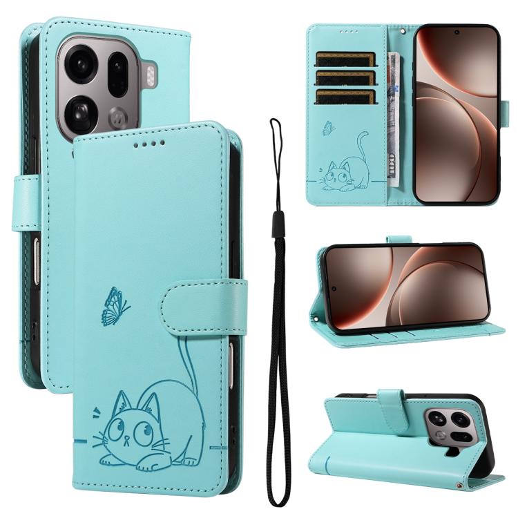 

For OPPO Find X9 Pro Adorable Cat Embossed Pattern Flip Leather Phone Case(Green)