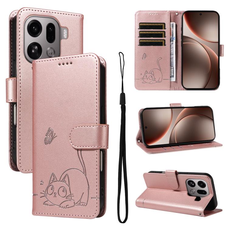 

For OPPO Find X9 Pro Adorable Cat Embossed Pattern Flip Leather Phone Case(Rose Gold)