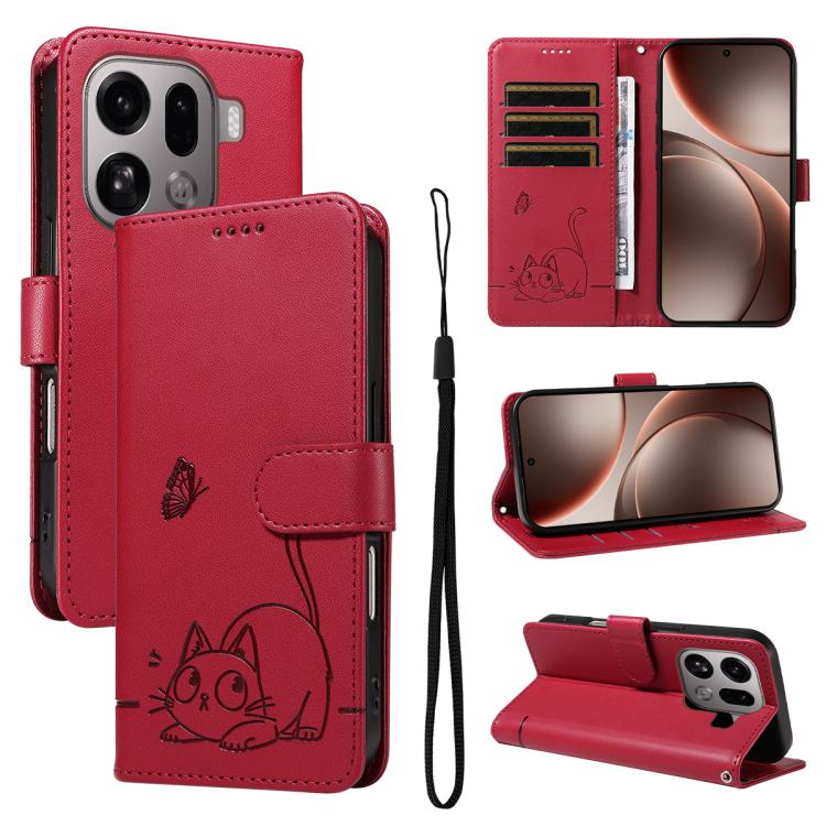 

For OPPO Find X9 Pro Adorable Cat Embossed Pattern Flip Leather Phone Case(Red)