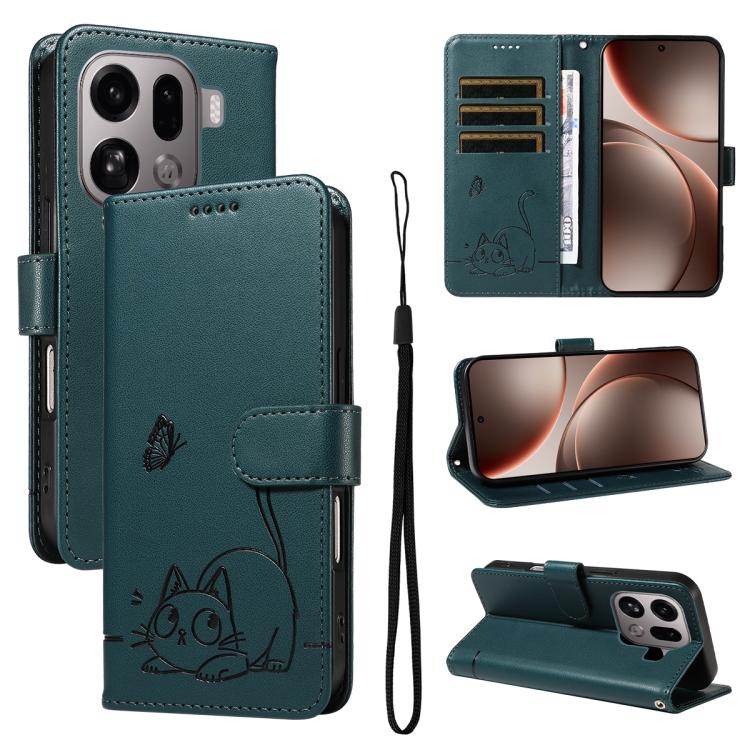 

For OPPO Find X9 Pro Adorable Cat Embossed Pattern Flip Leather Phone Case(Dark Green)