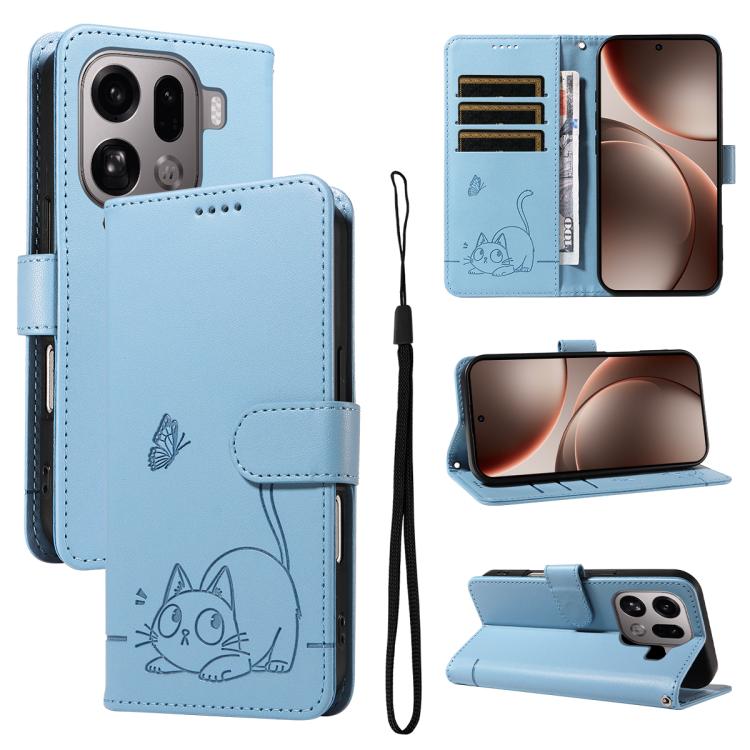 

For OPPO Find X9 Pro Adorable Cat Embossed Pattern Flip Leather Phone Case(Sky Blue)