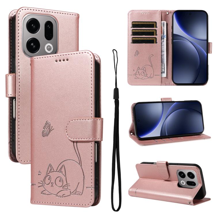 

For OPPO Find X9 Adorable Cat Embossed Pattern Flip Leather Phone Case(Rose Gold)