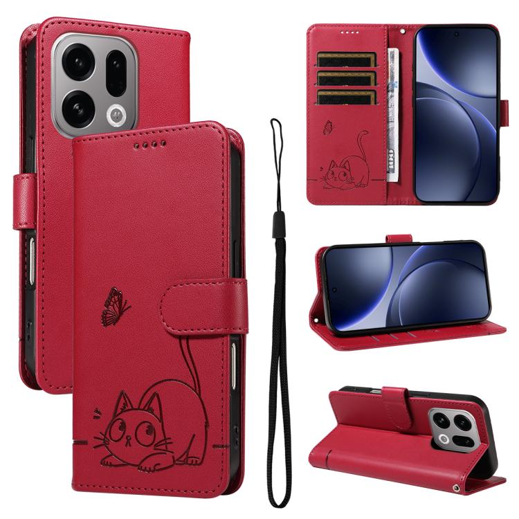 

For OPPO Find X9 Adorable Cat Embossed Pattern Flip Leather Phone Case(Red)