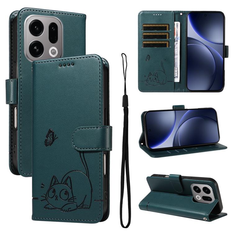 

For OPPO Find X9 Adorable Cat Embossed Pattern Flip Leather Phone Case(Dark Green)