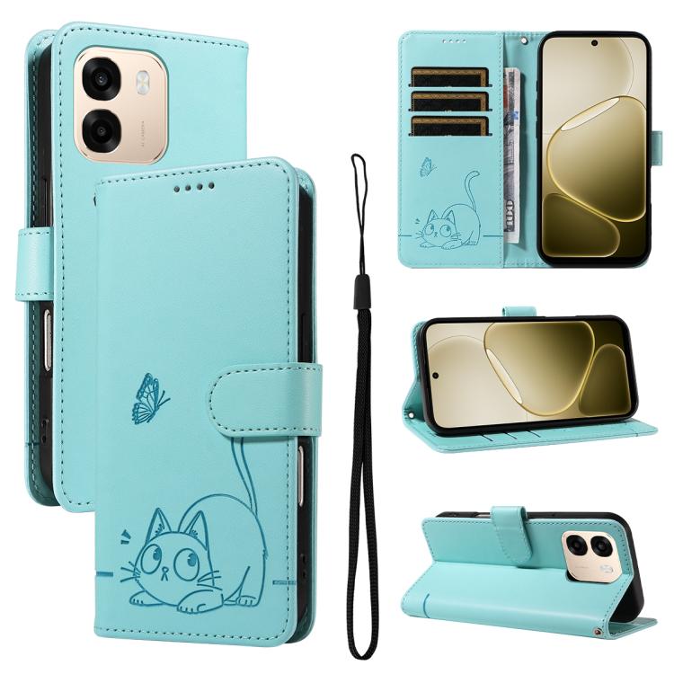 

For OPPO A6X 5G / A6 5G Adorable Cat Embossed Pattern Flip Leather Phone Case(Green)