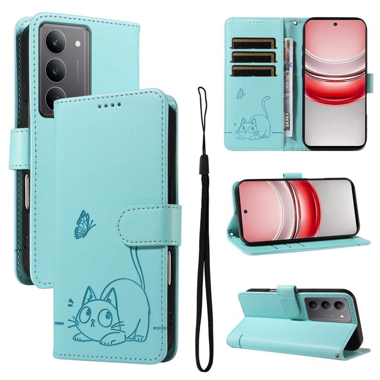 

For Realme 14x 5G Global Adorable Cat Embossed Pattern Flip Leather Phone Case(Green)