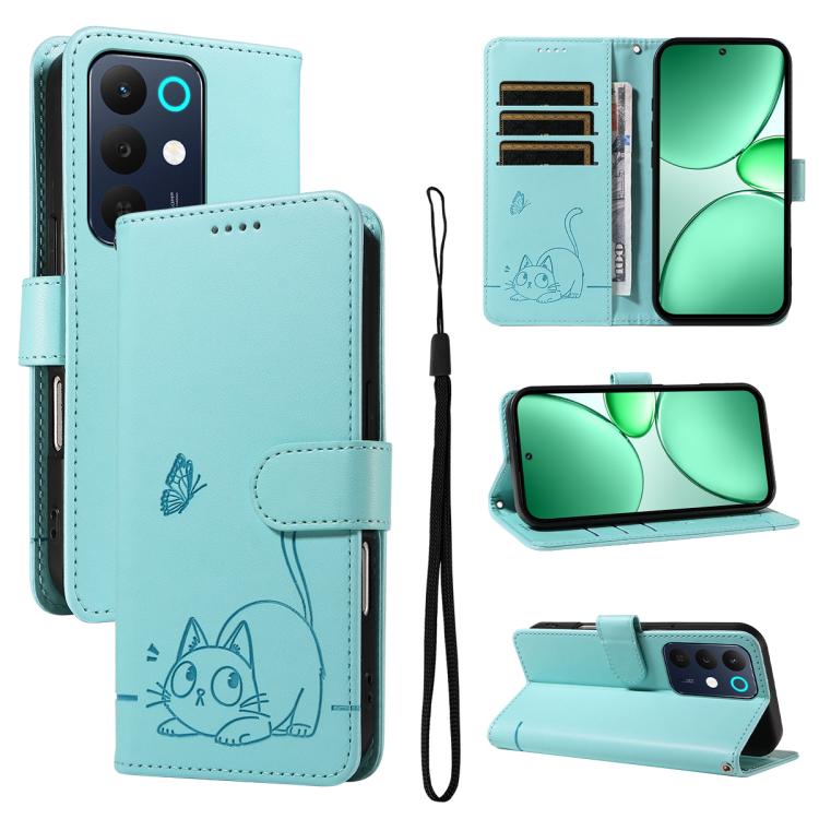 

For Realme C85 5G / 15X 5G India Adorable Cat Embossed Pattern Flip Leather Phone Case(Green)