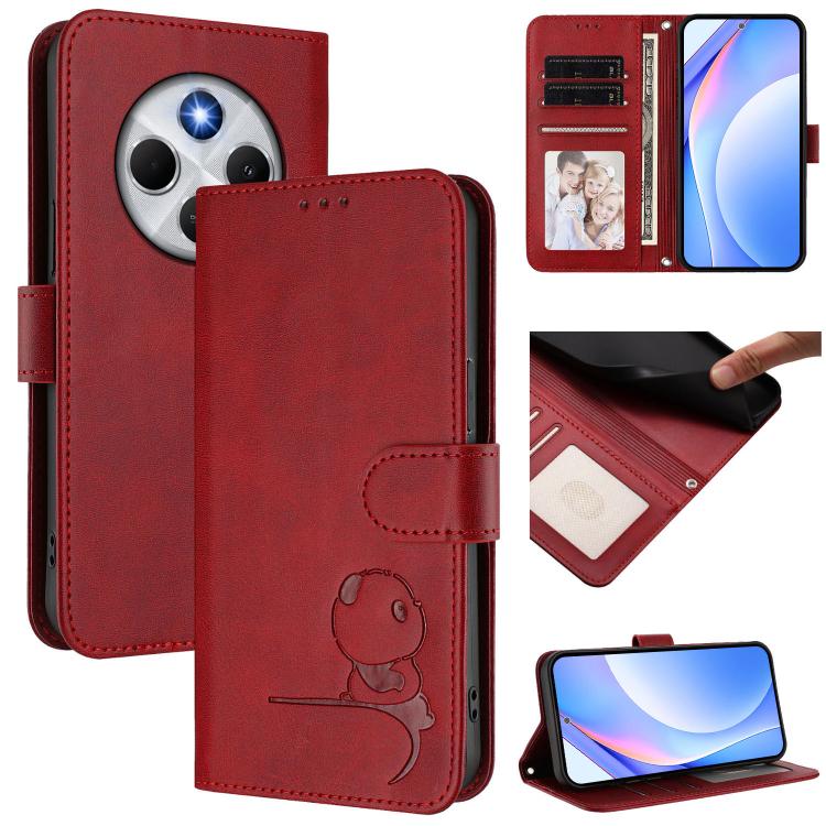 

For Redmi 14C 4G / 14R 5G / A4 5G Litter Panda Embossing RFID Leather Phone Case with Lanyard(Wine Red)