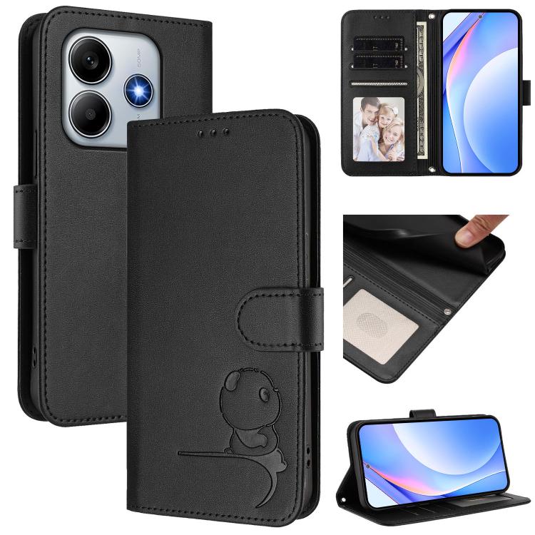 

For Redmi Note 14 4G 163.25mm Litter Panda Embossing RFID Leather Phone Case with Lanyard(Black)