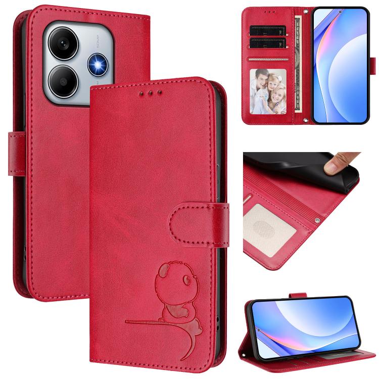 

For Redmi Note 14 5G Global / India Litter Panda Embossing RFID Leather Phone Case with Lanyard(Rose Red)