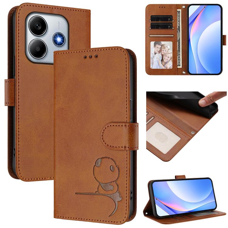

For Redmi Note 14 5G Global / India Litter Panda Embossing RFID Leather Phone Case with Lanyard(Brown)