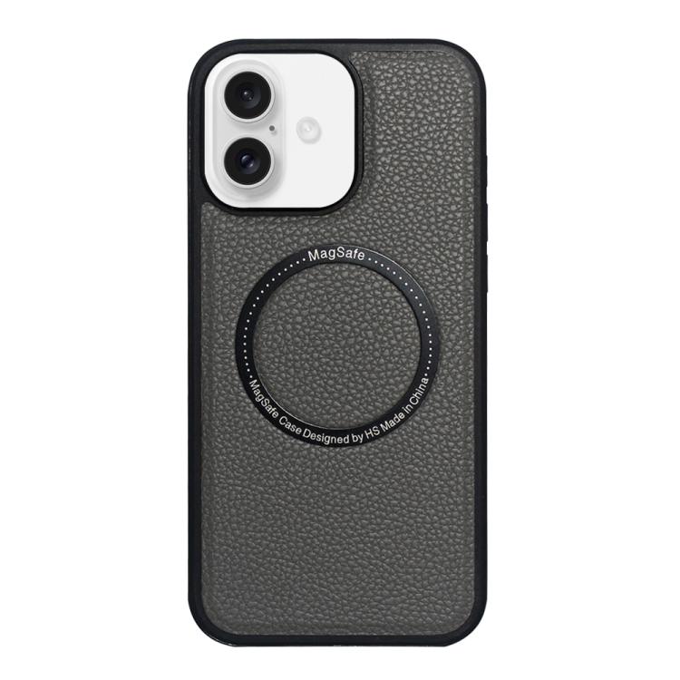 

For iPhone 16 Litchi Texture PU MagSafe Back Cover Phone Case(Grey)
